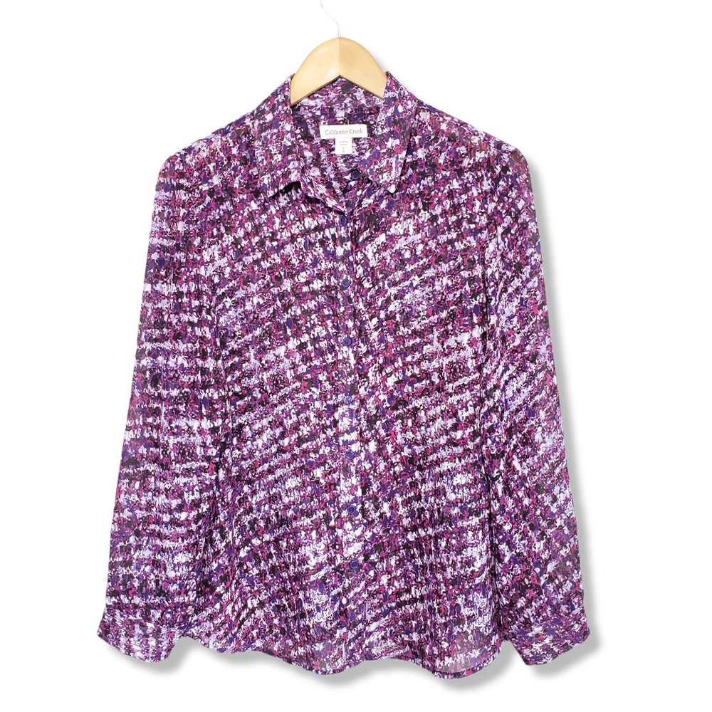 Coldwater Creek Purple Chiffon Abstract Print Button up Top Size Small